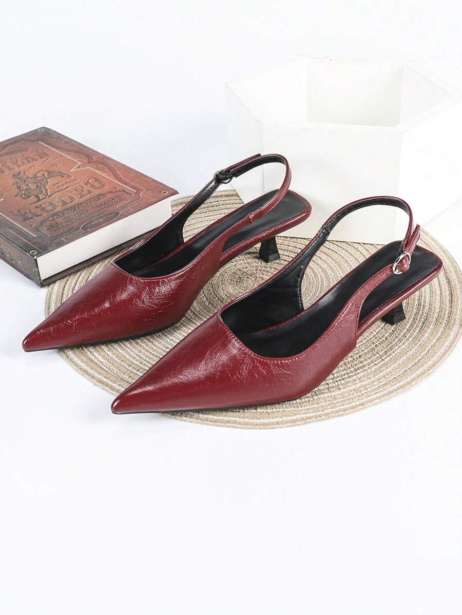 Women's Pointed Toe Slingback Mid Heel Pumps, Glossy Faux Leather Buckle Strap Kitten Heels for Work