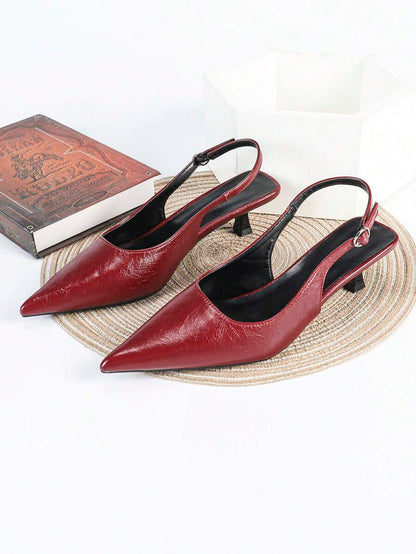 Women's Pointed Toe Slingback Mid Heel Pumps, Glossy Faux Leather Buckle Strap Kitten Heels for Work