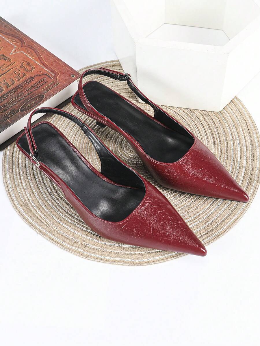 Women's Pointed Toe Slingback Mid Heel Pumps, Glossy Faux Leather Buckle Strap Kitten Heels for Work