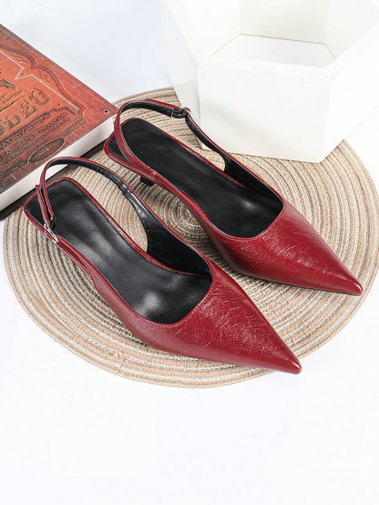Women's Pointed Toe Slingback Mid Heel Pumps, Glossy Faux Leather Buckle Strap Kitten Heels for Work
