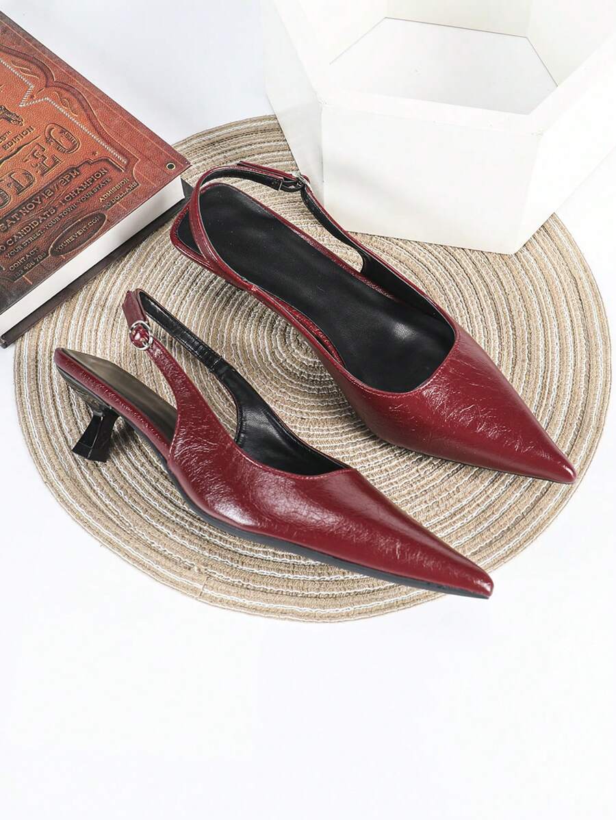Women's Pointed Toe Slingback Mid Heel Pumps, Glossy Faux Leather Buckle Strap Kitten Heels for Work
