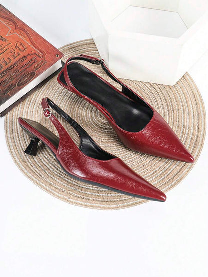 Women's Pointed Toe Slingback Mid Heel Pumps, Glossy Faux Leather Buckle Strap Kitten Heels for Work