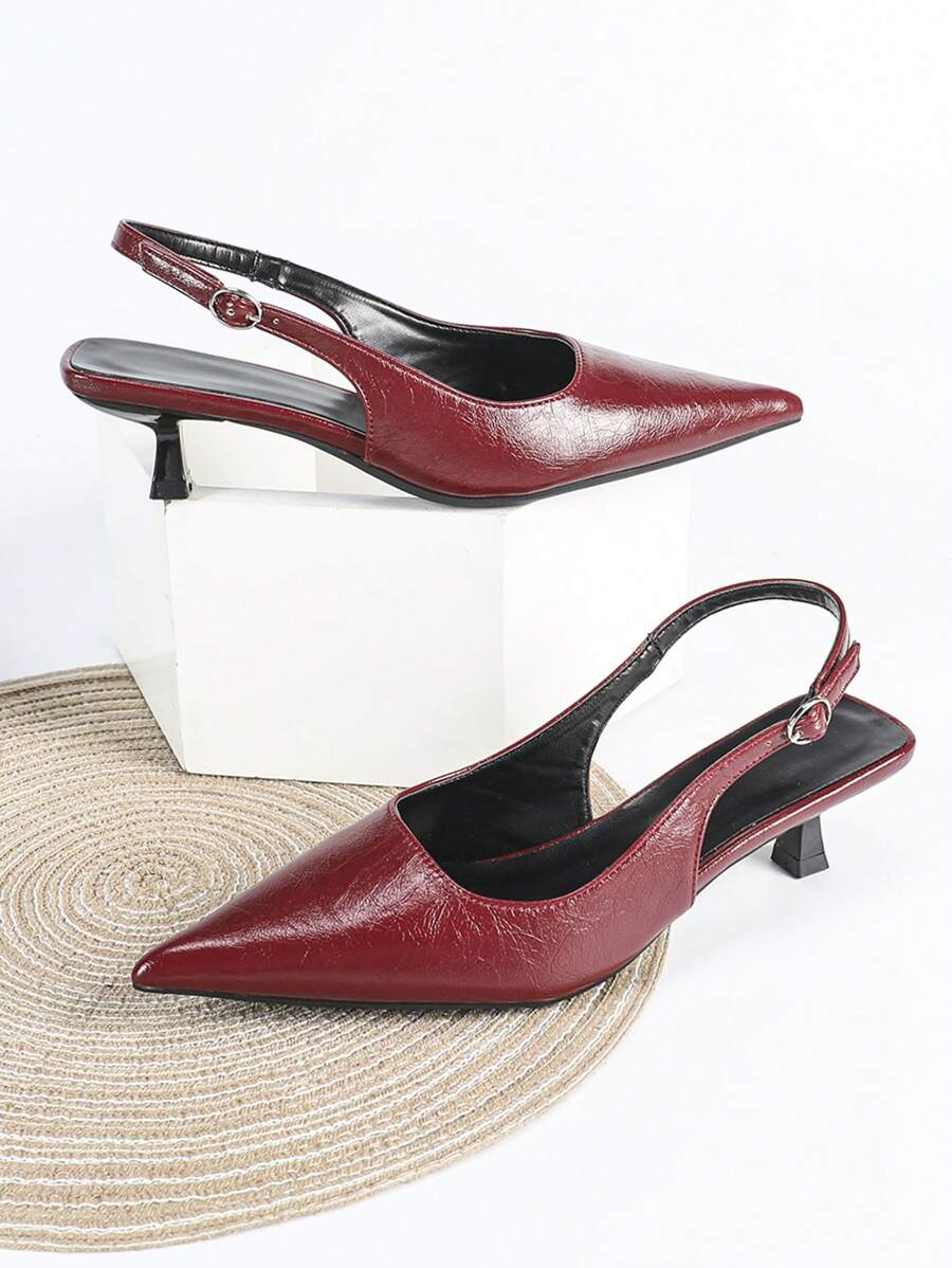 Women's Pointed Toe Slingback Mid Heel Pumps, Glossy Faux Leather Buckle Strap Kitten Heels for Work