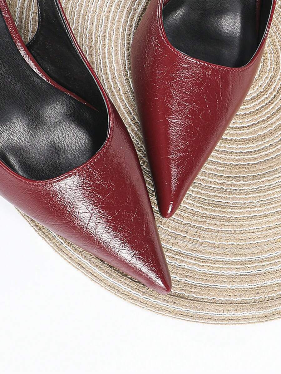 Women's Pointed Toe Slingback Mid Heel Pumps, Glossy Faux Leather Buckle Strap Kitten Heels for Work