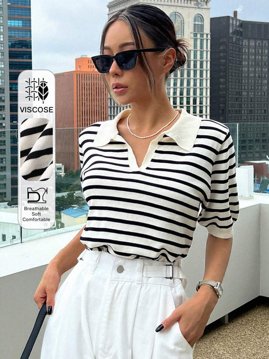 Kaia Striped Polo Collar Short Sleeve Knit Top - Black and White