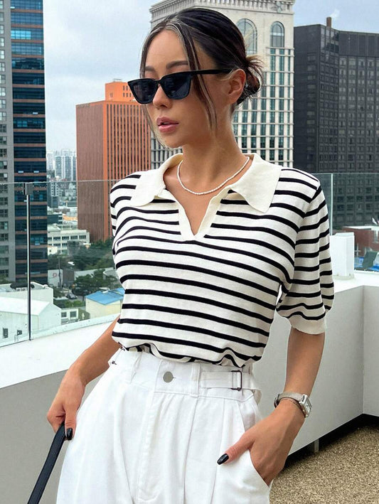 Women's Striped Polo Collar Knit Top, Short Sleeve Sweater Tee for Work Casual