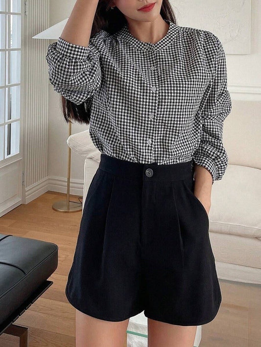 Women's Cotton Gingham Button Down Shirt, Long Sleeve Check Shirt for Work Casual - Black and White