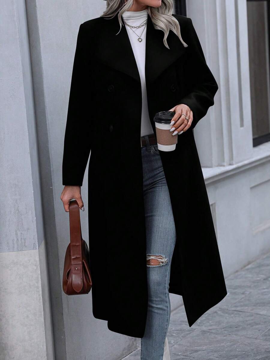 Graz Double Breasted Wool Look Long Overcoat