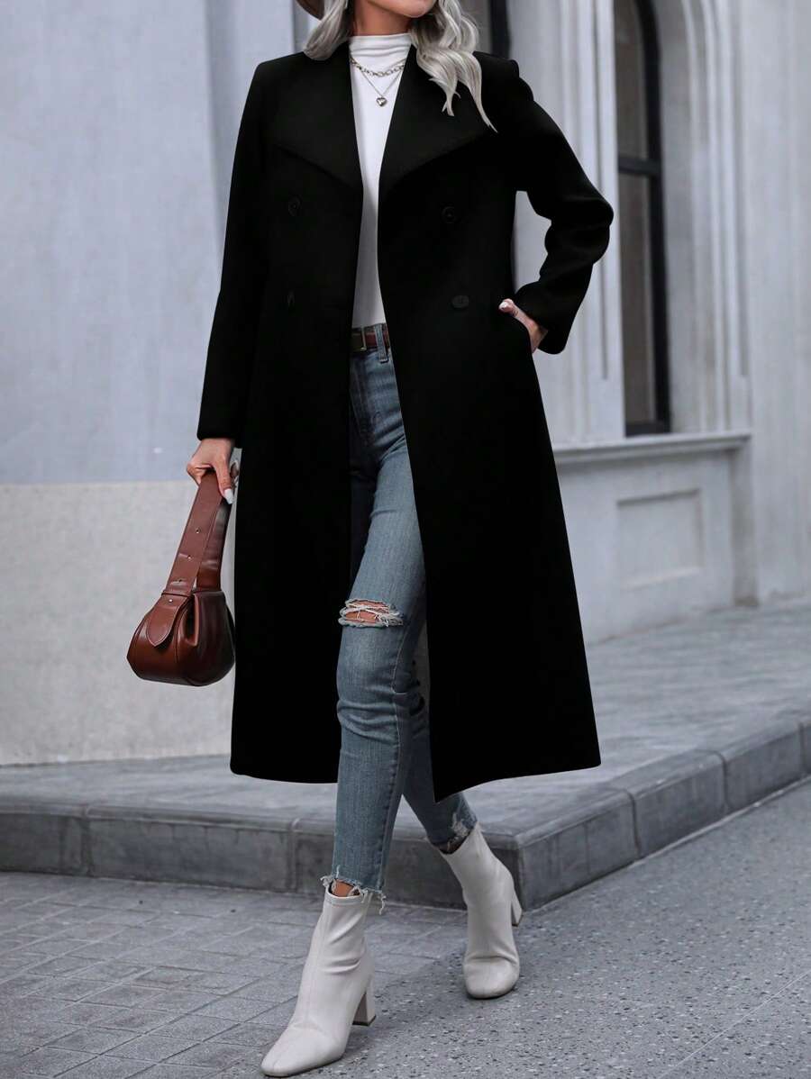 Graz Double Breasted Wool Look Long Overcoat