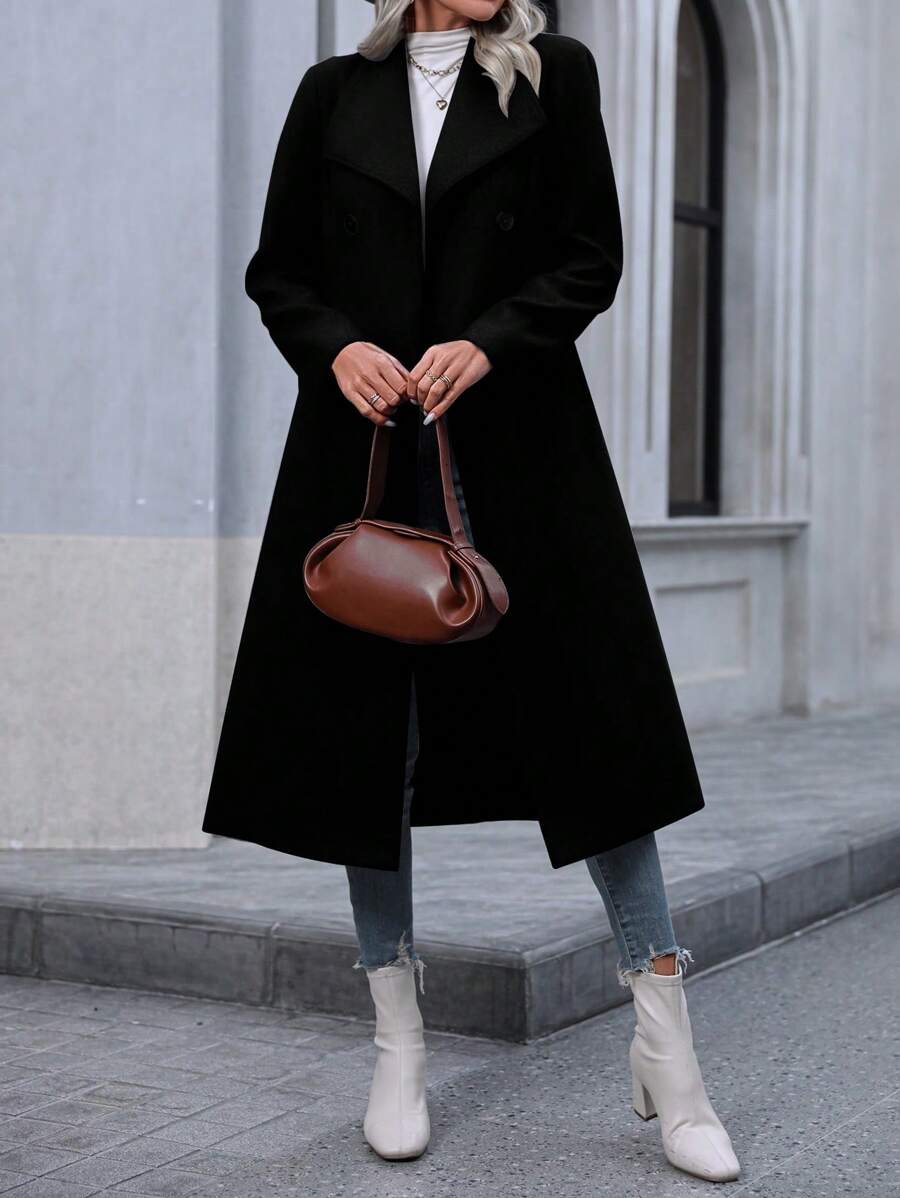 Graz Double Breasted Wool Look Long Overcoat