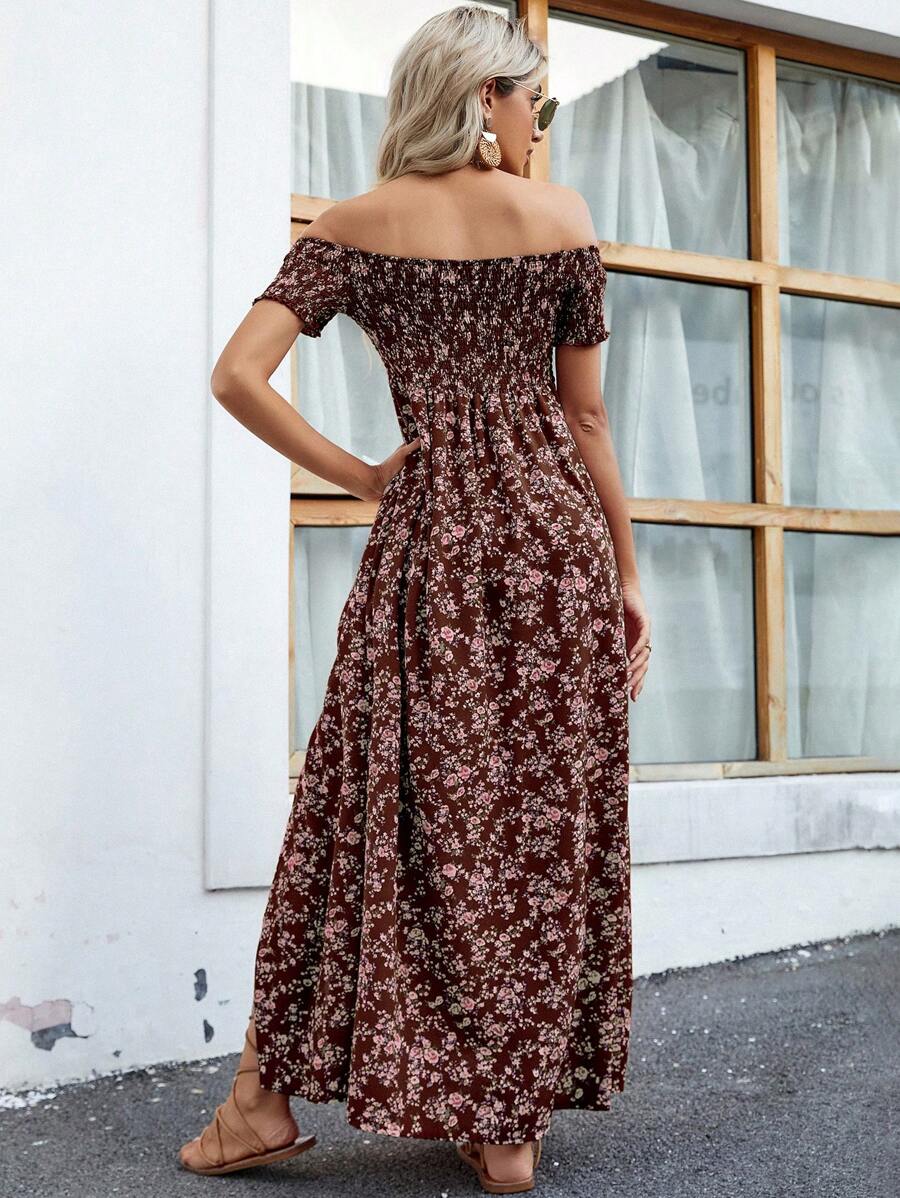 Breezaya Short Sleeve Off-Shoulder Ditsy Floral Slit Summer Dress Maxi Vacation Beach Outfits Women Mensa