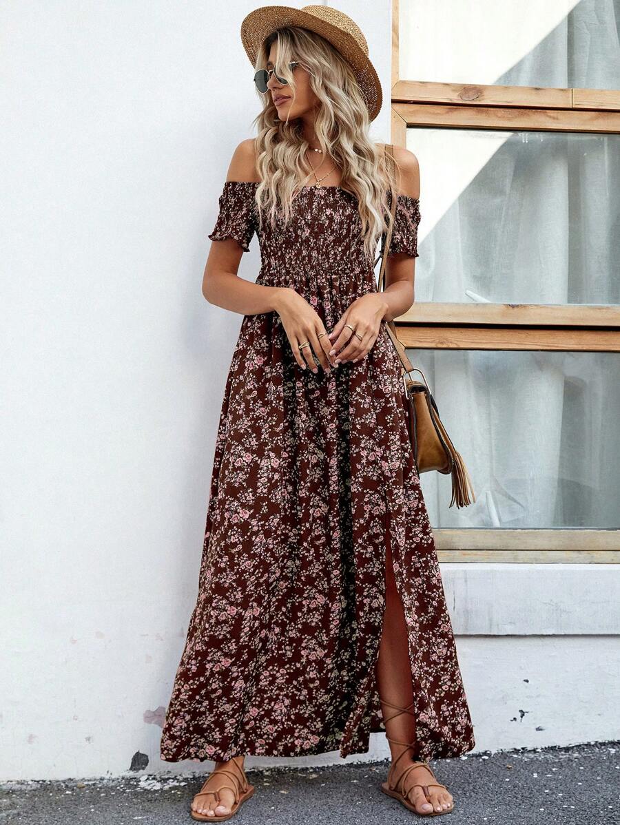 Breezaya Short Sleeve Off-Shoulder Ditsy Floral Slit Summer Dress Maxi Vacation Beach Outfits Women Mensa