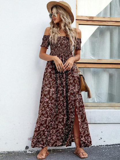 Breezaya Short Sleeve Off-Shoulder Ditsy Floral Slit Summer Dress Maxi Vacation Beach Outfits Women Mensa