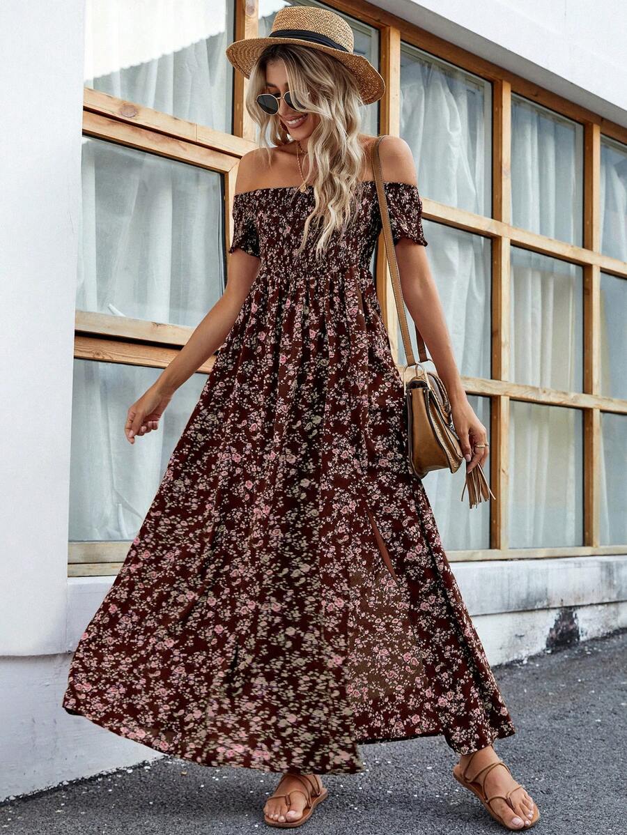 Breezaya Short Sleeve Off-Shoulder Ditsy Floral Slit Summer Dress Maxi Vacation Beach Outfits Women Mensa