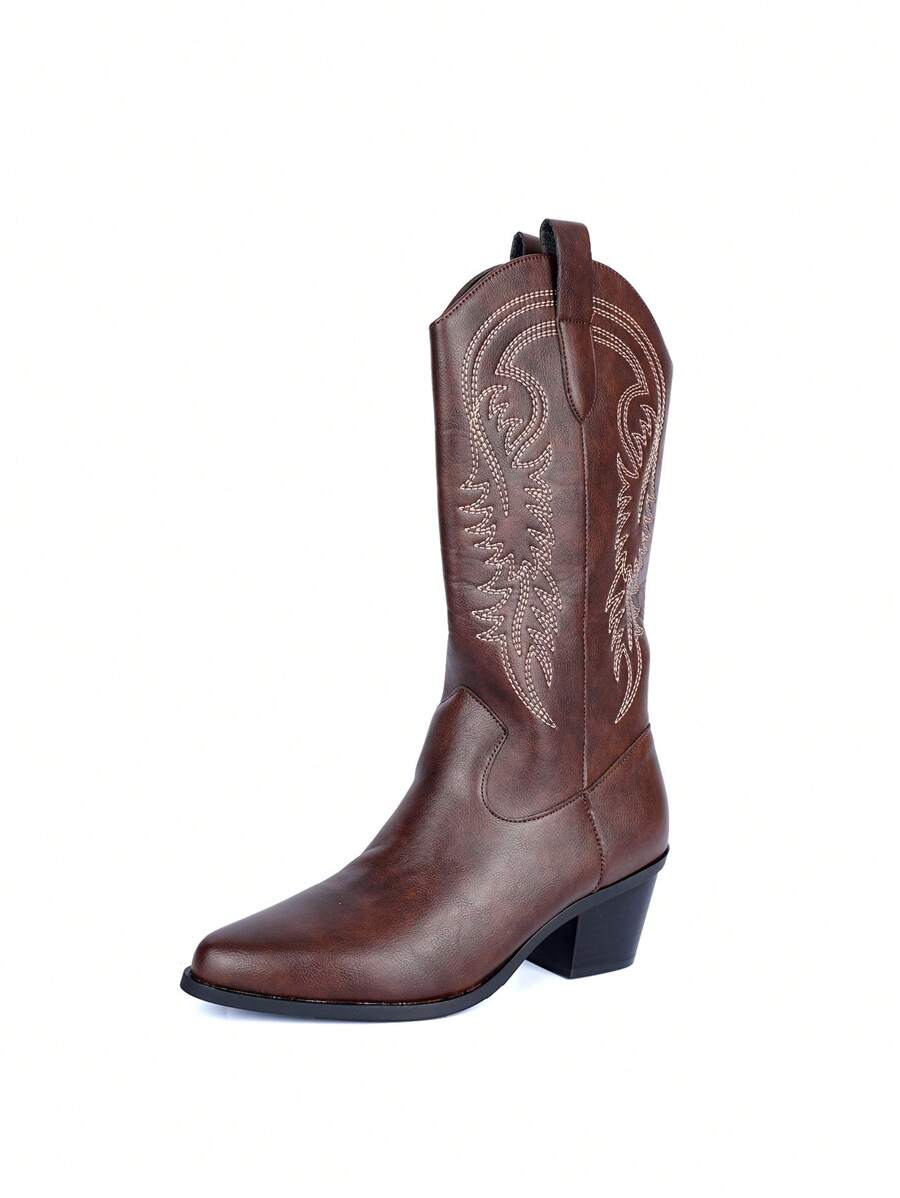 Fall/Winter 2025 Women's Western Style Embroidered Vintage Chunky Heel Mid-Calf V-Cut Riding Boots, Fashion,Cowboy Boots,Cowgirl Boots,Coachella Mensa