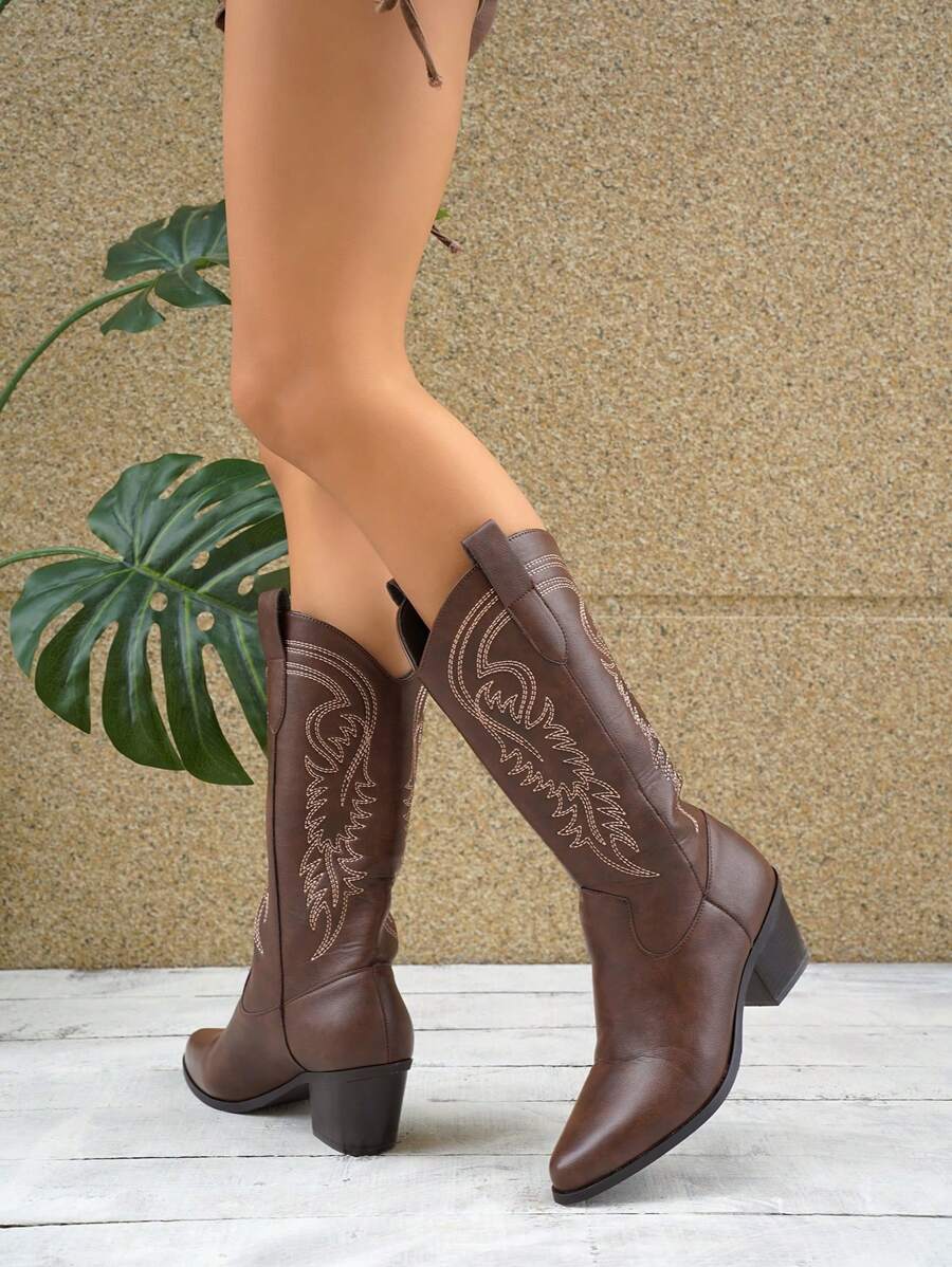Fall/Winter 2025 Women's Western Style Embroidered Vintage Chunky Heel Mid-Calf V-Cut Riding Boots, Fashion,Cowboy Boots,Cowgirl Boots,Coachella Mensa
