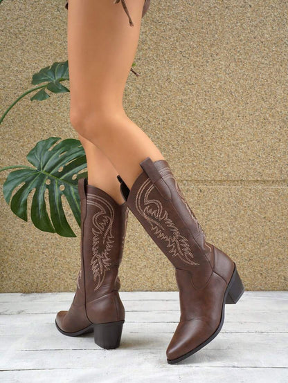 Fall/Winter 2025 Women's Western Style Embroidered Vintage Chunky Heel Mid-Calf V-Cut Riding Boots, Fashion,Cowboy Boots,Cowgirl Boots,Coachella Mensa
