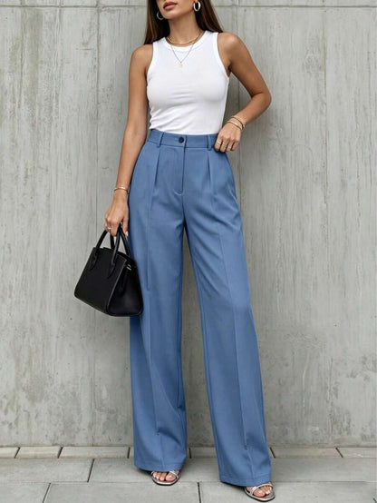 Simone High-Waist Pleated Wide-Leg Trousers with Pockets - Baby Blue