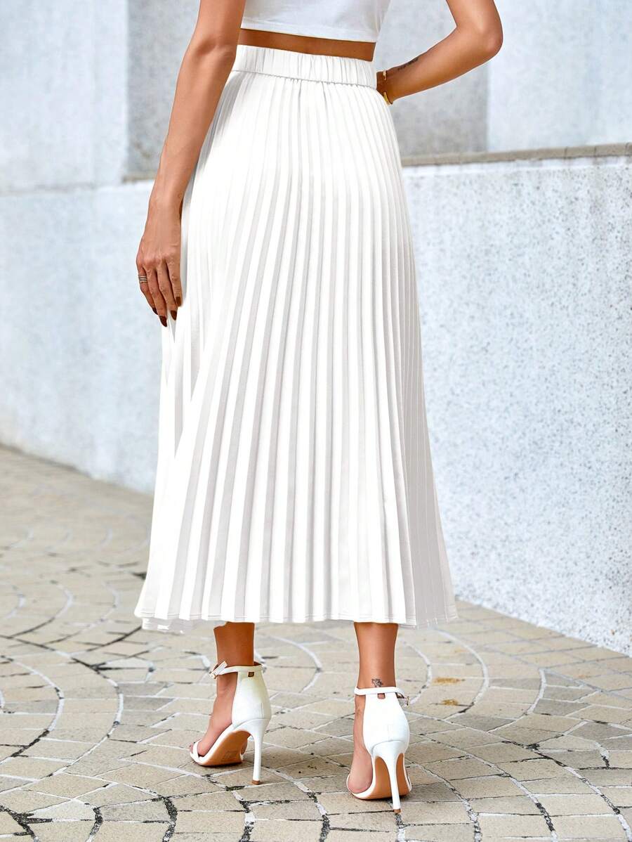 Camila Elegant High-Waist Pleated A-Line Midi Skirt - White