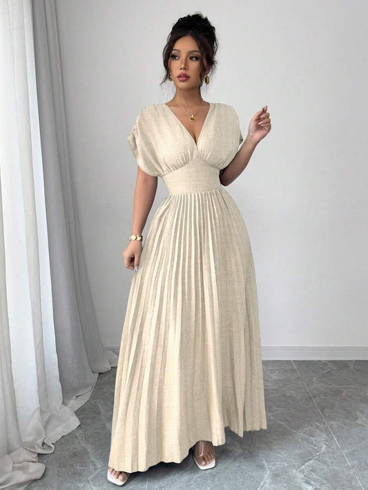Rafferiza Women's V-Neck Elegant Short Sleeve Batwing Sleeve Super Long Apricot & Gold Color-Blocking Gold Foil Print Front Waist Adjustable Drawstring Dress Mensa