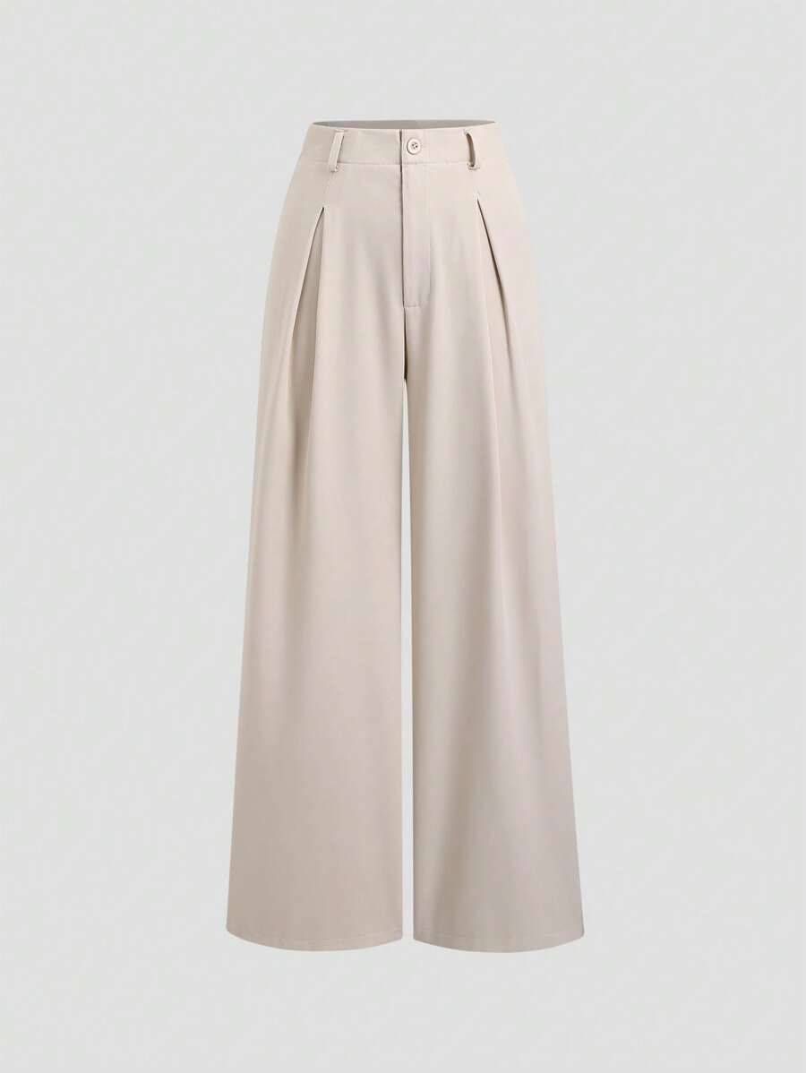 Katya Pleated Wide Leg Pants Tailored High Rise Trousers - Cream