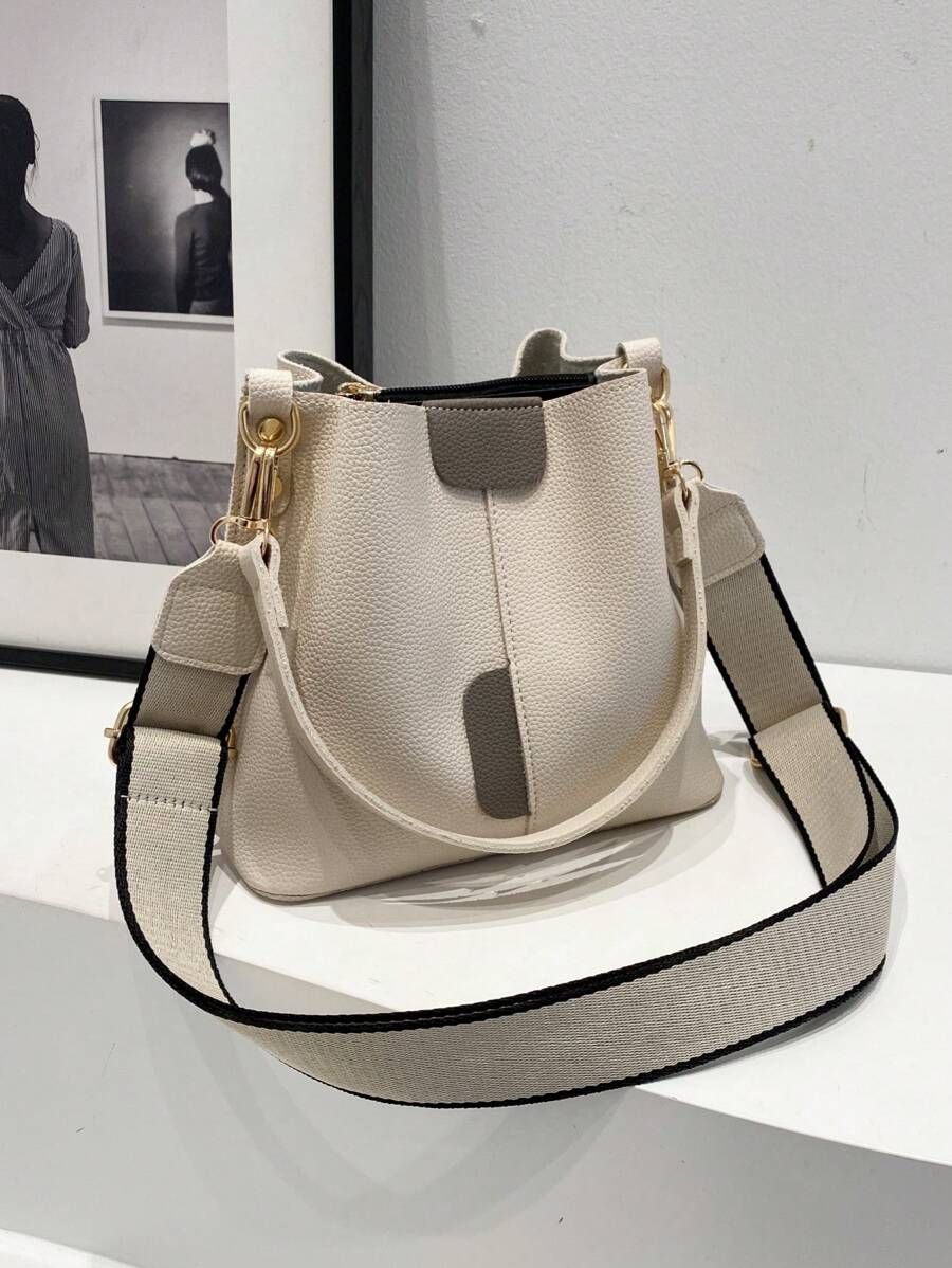 Lausanne Suede Look Bucket Bag with Wide Shoulder Strap - Beige