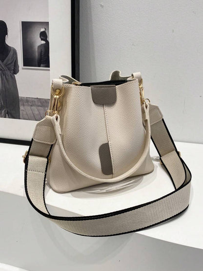 Lausanne Suede Look Bucket Bag with Wide Shoulder Strap - Beige