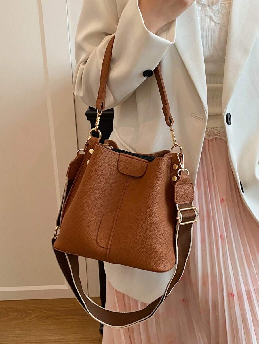 Lausanne Suede Look Bucket Bag with Wide Shoulder Strap