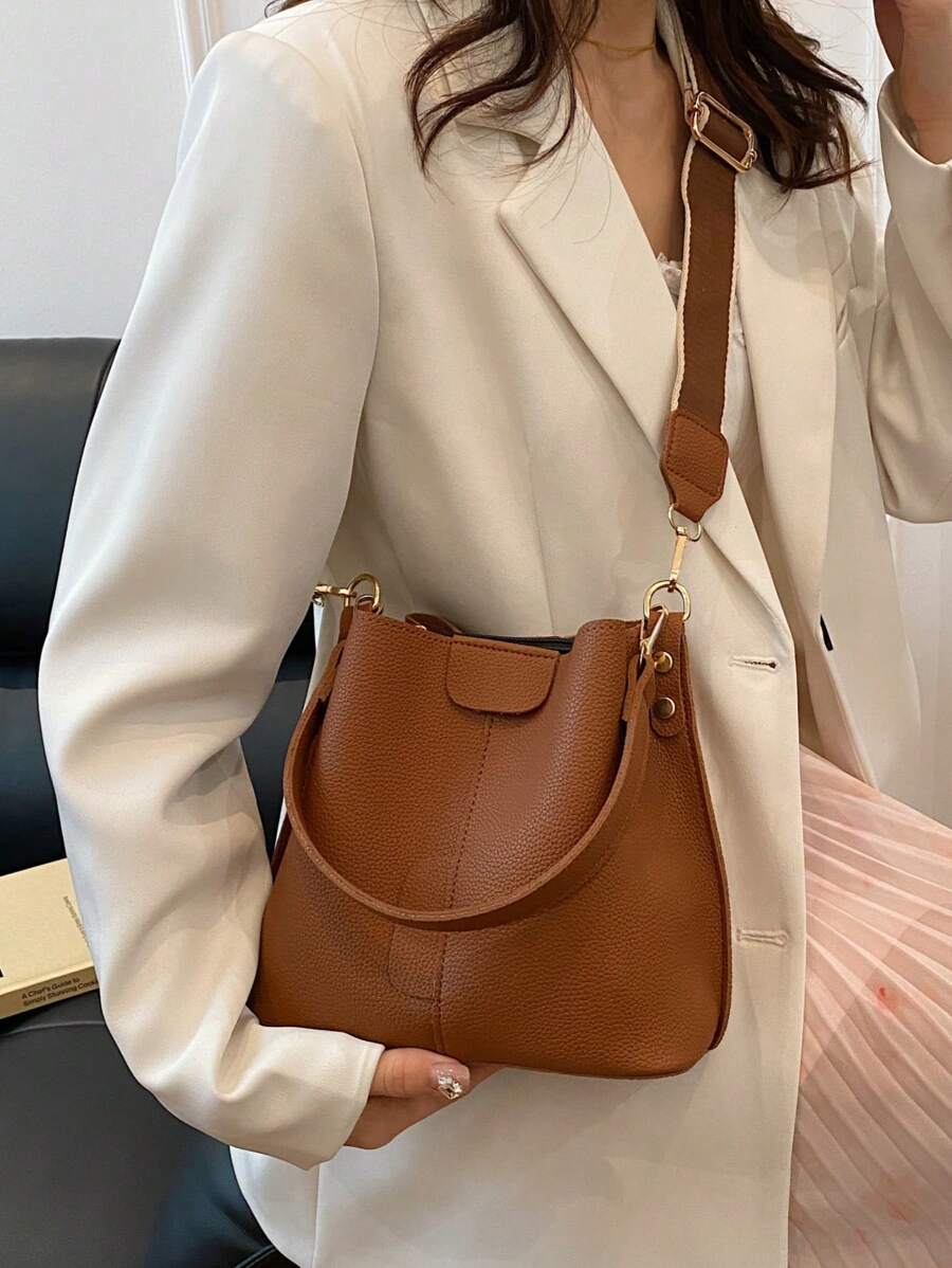 Lausanne Suede Look Bucket Bag with Wide Shoulder Strap