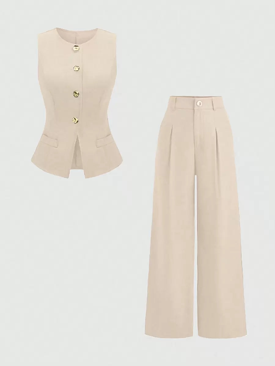 Rhea Two Piece Set Button Vest and Pleated Wide Leg Pants - Cream