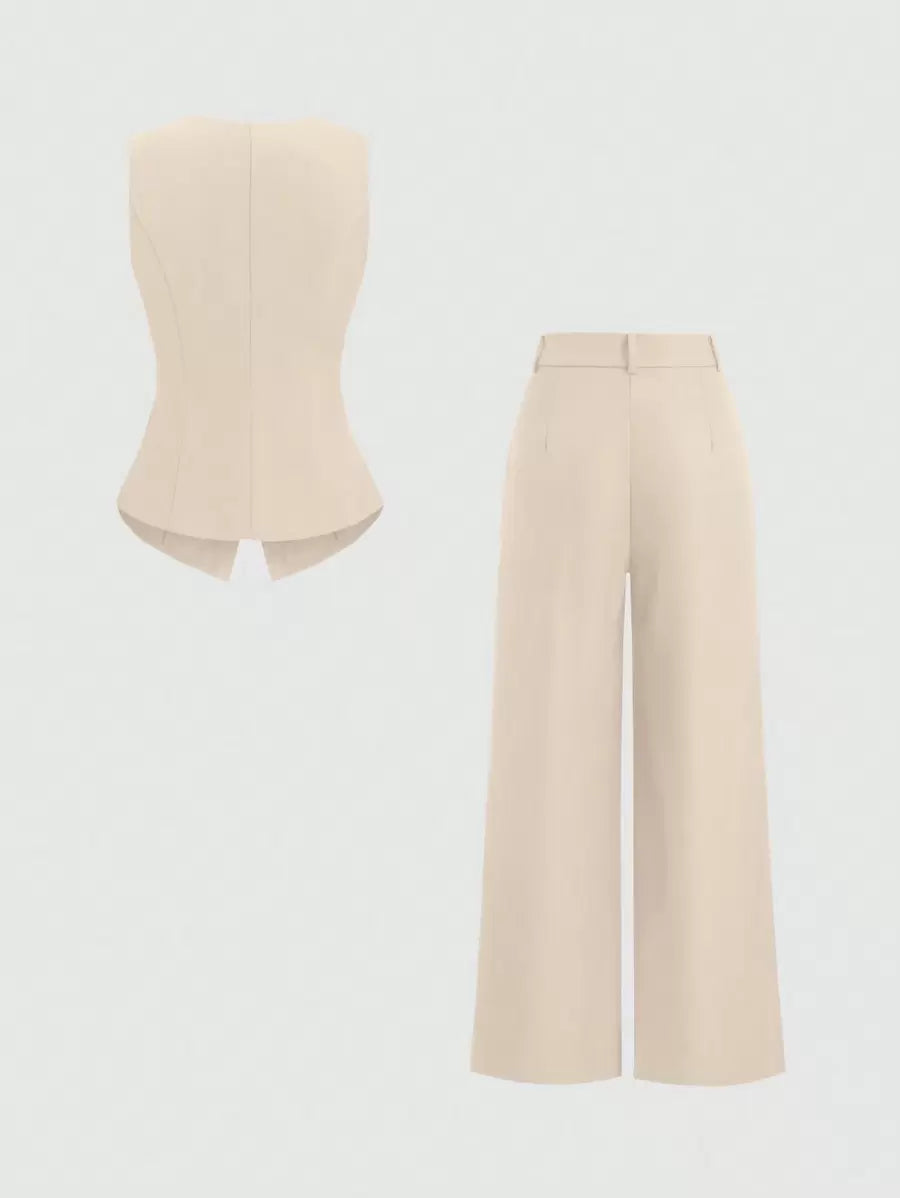 Rhea Two Piece Set Button Vest and Pleated Wide Leg Pants - Cream