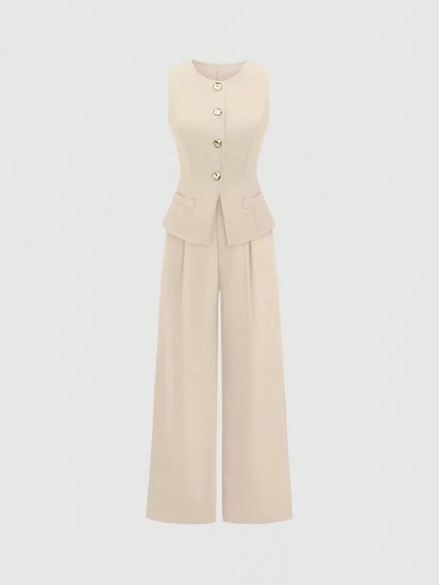 Rhea Two Piece Set Button Vest and Pleated Wide Leg Pants - Cream