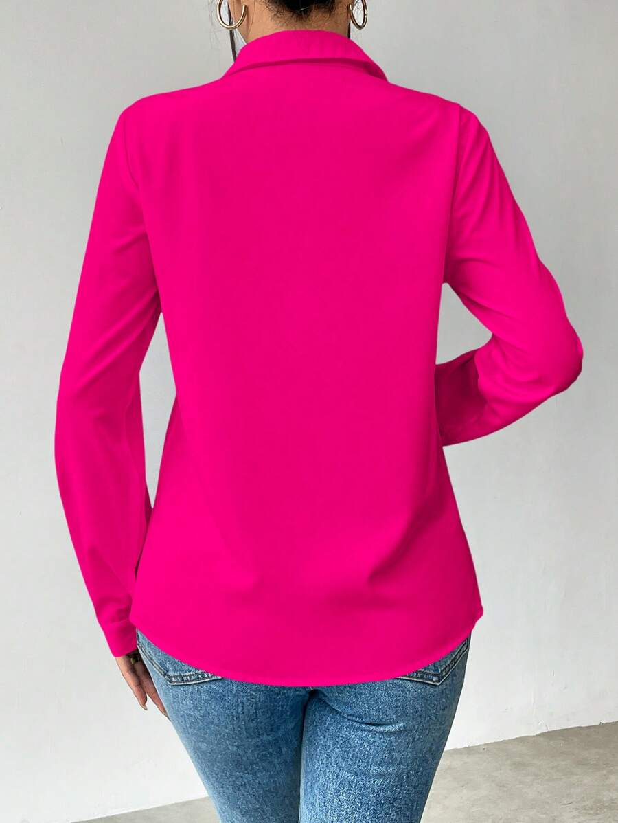 Pia Button Front Long Sleeve Blouse Classic Collared Shirt - Hot Pink