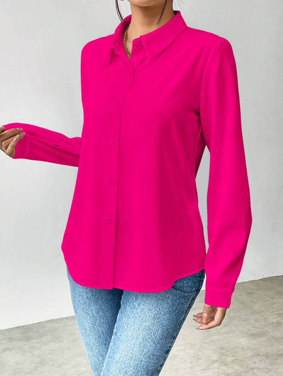 Pia Button Front Long Sleeve Blouse Classic Collared Shirt - Hot Pink
