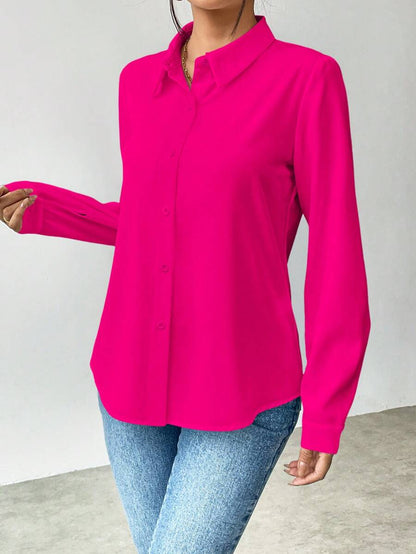 Pia Button Front Long Sleeve Blouse Classic Collared Shirt - Hot Pink
