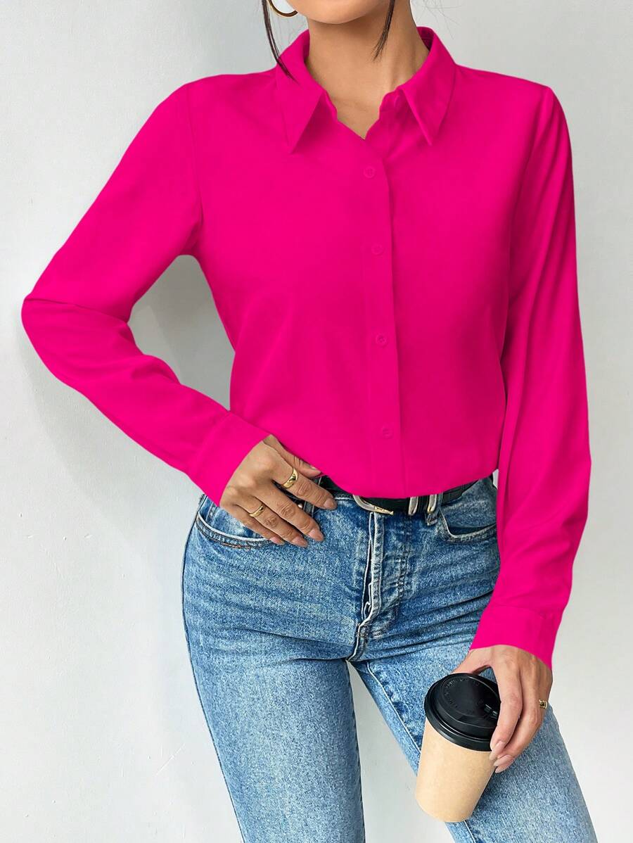 Pia Button Front Long Sleeve Blouse Classic Collared Shirt - Hot Pink