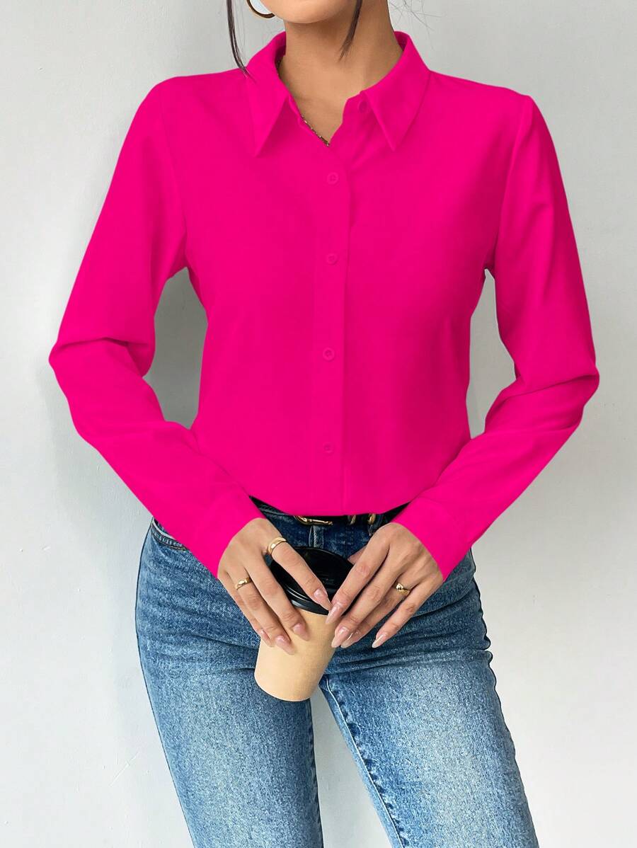 Pia Button Front Long Sleeve Blouse Classic Collared Shirt - Hot Pink