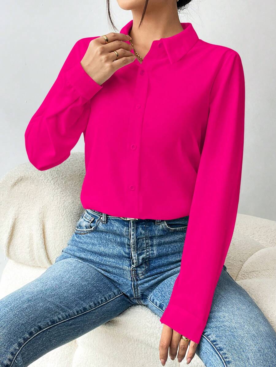Pia Button Front Long Sleeve Blouse Classic Collared Shirt - Hot Pink