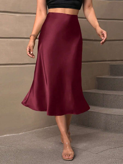 Sloane Silky Satin High-Waist Flared A-Line Midi Skirt - Burgundy