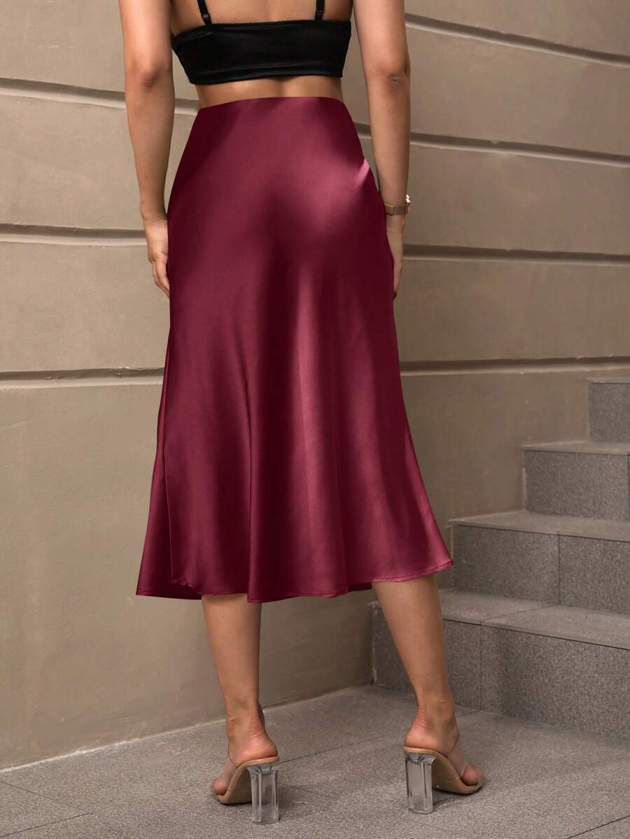 Sloane Silky Satin High-Waist Flared A-Line Midi Skirt - Burgundy