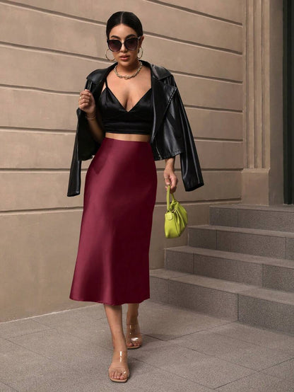 Sloane Silky Satin High-Waist Flared A-Line Midi Skirt - Burgundy