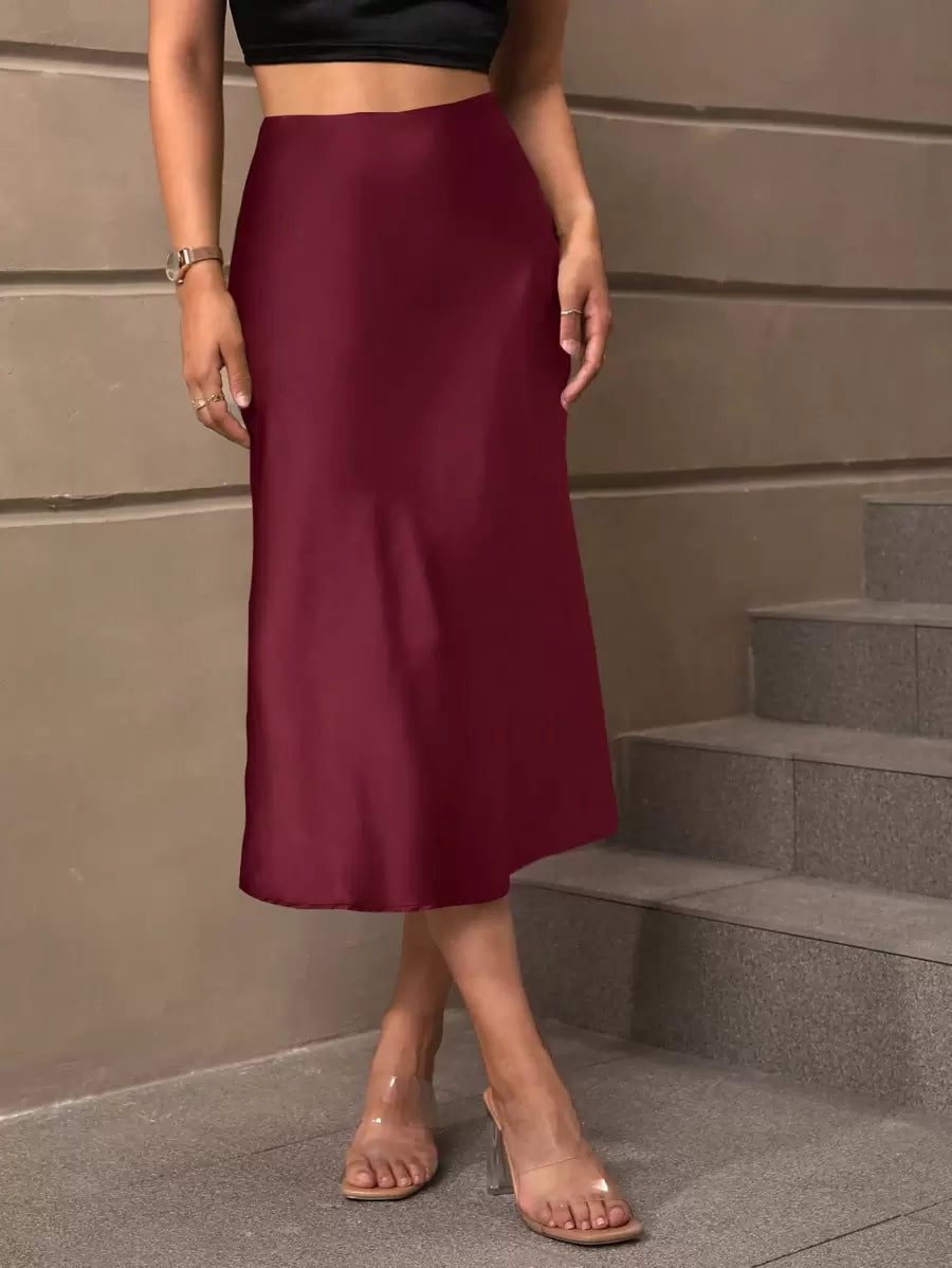 Sloane Silky Satin High-Waist Flared A-Line Midi Skirt - Burgundy