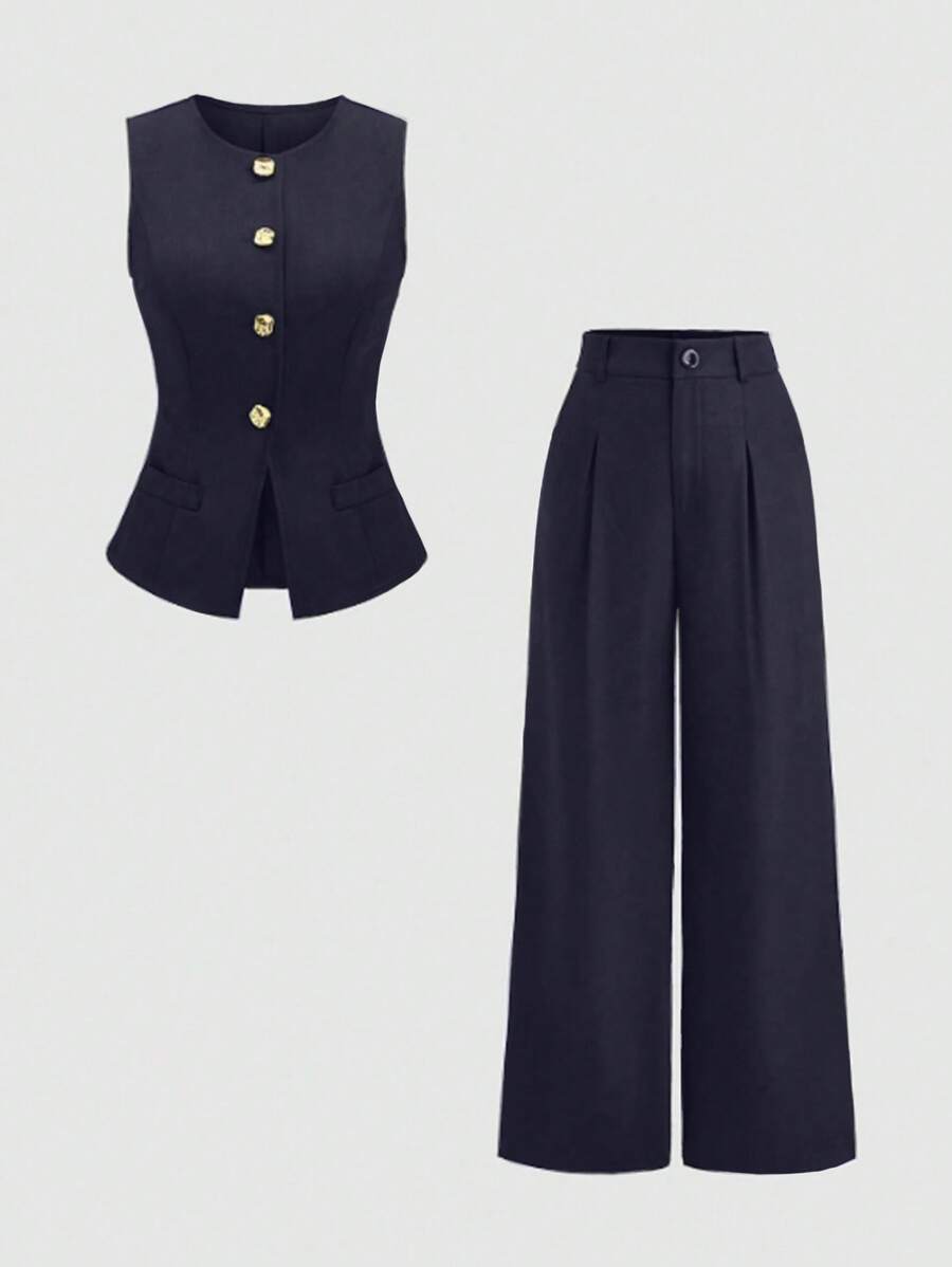 Rhea Two Piece Set Button Vest and Pleated Wide Leg Pants - Navy