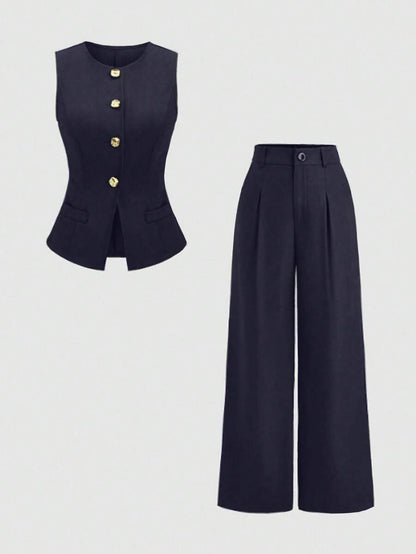 Rhea Two Piece Set Button Vest and Pleated Wide Leg Pants - Navy