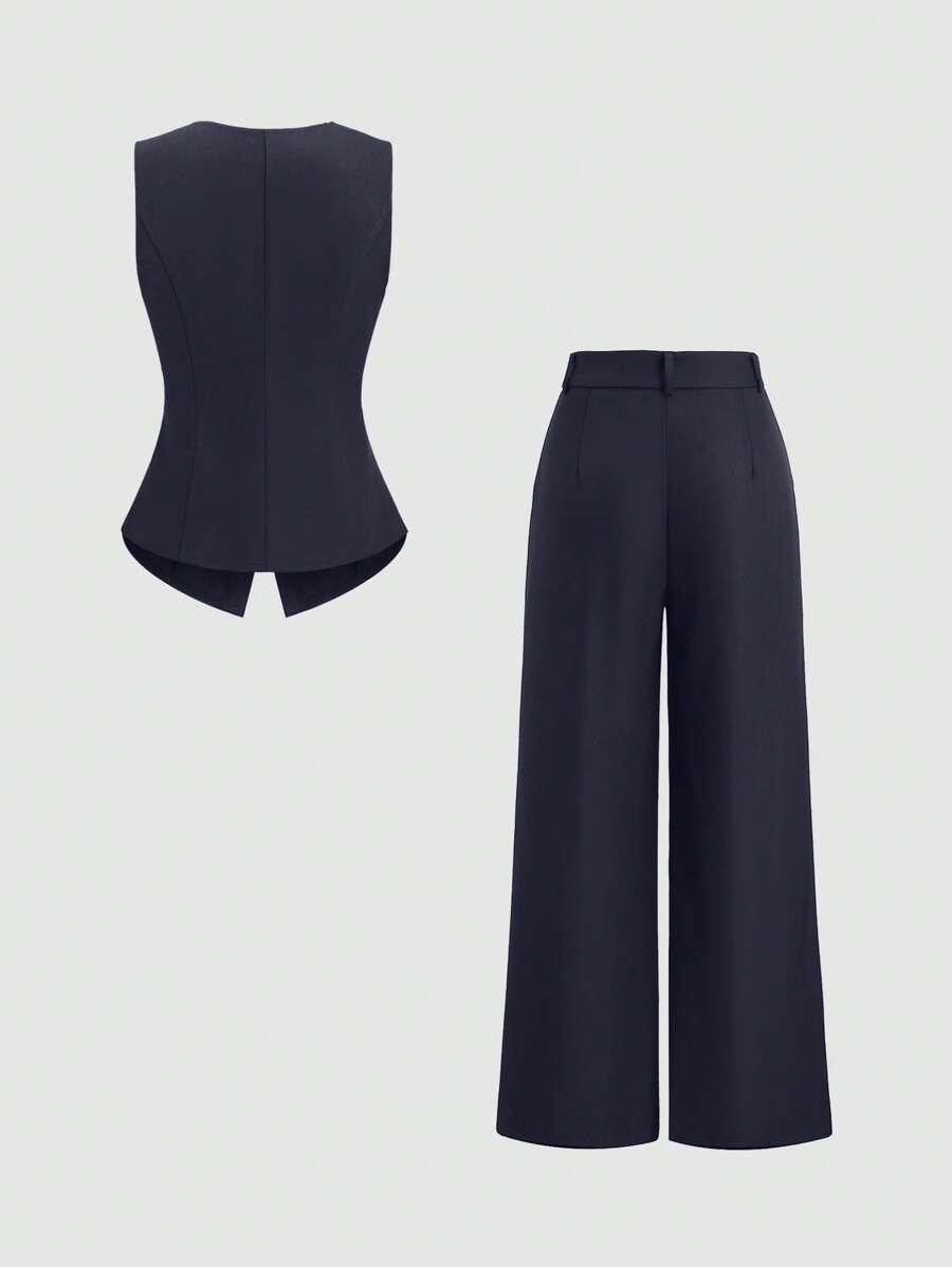 Rhea Two Piece Set Button Vest and Pleated Wide Leg Pants - Navy