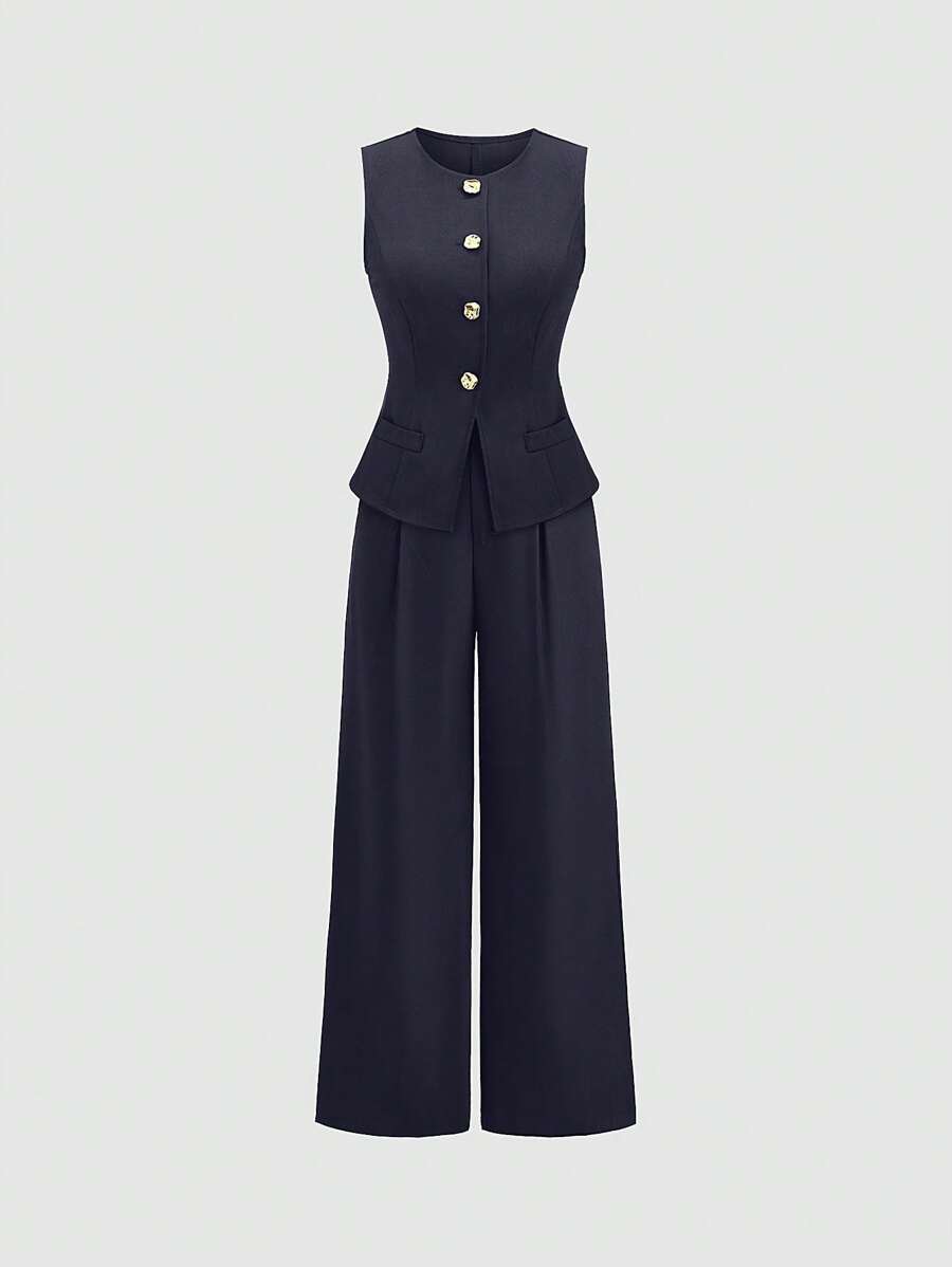 Rhea Two Piece Set Button Vest and Pleated Wide Leg Pants - Navy