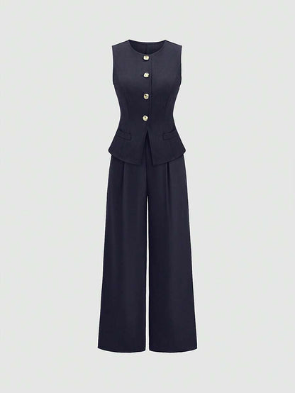 Rhea Two Piece Set Button Vest and Pleated Wide Leg Pants - Navy