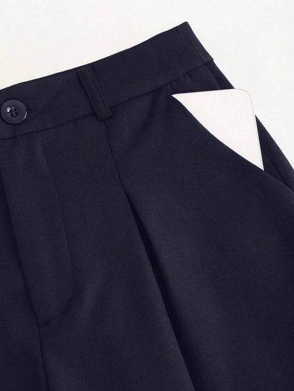 Rhea Two Piece Set Button Vest and Pleated Wide Leg Pants - Navy