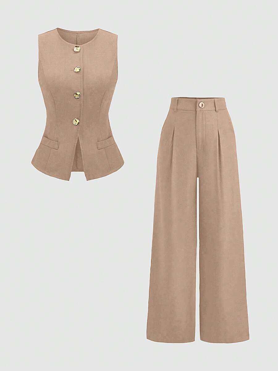Rhea Two Piece Set Button Vest and Pleated Wide Leg Pants - Camel