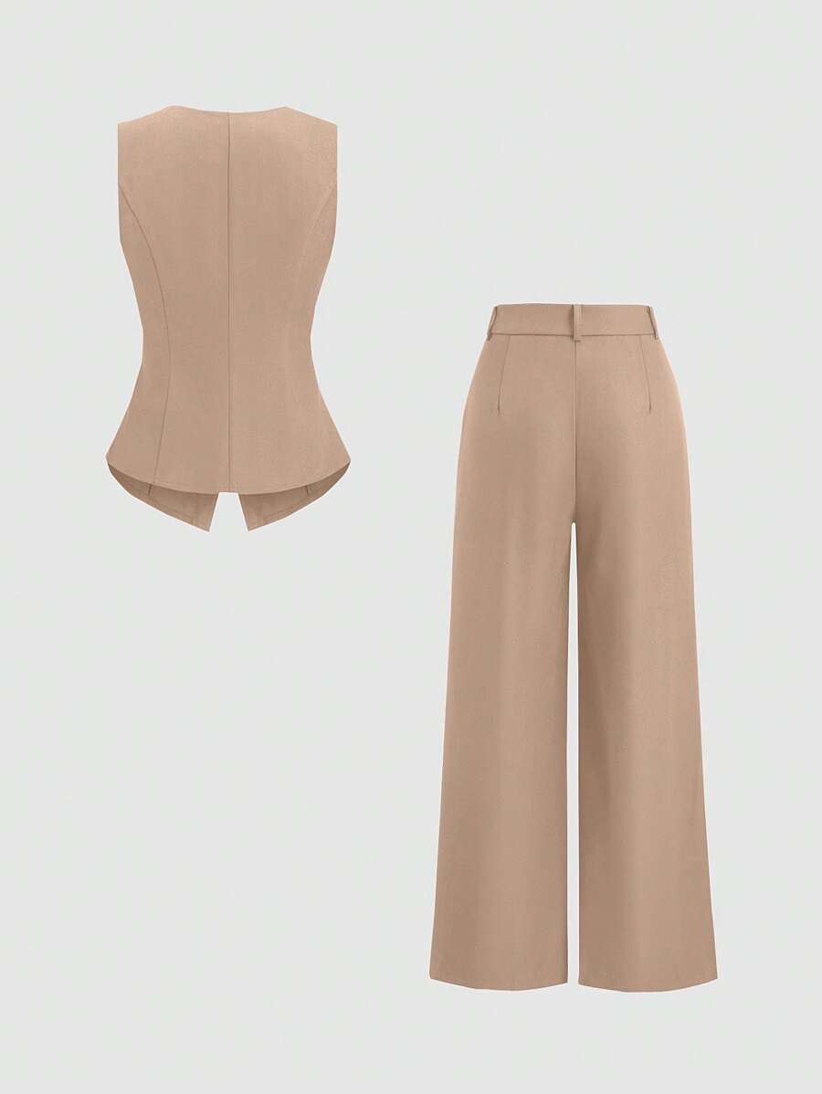 Rhea Two Piece Set Button Vest and Pleated Wide Leg Pants - Camel